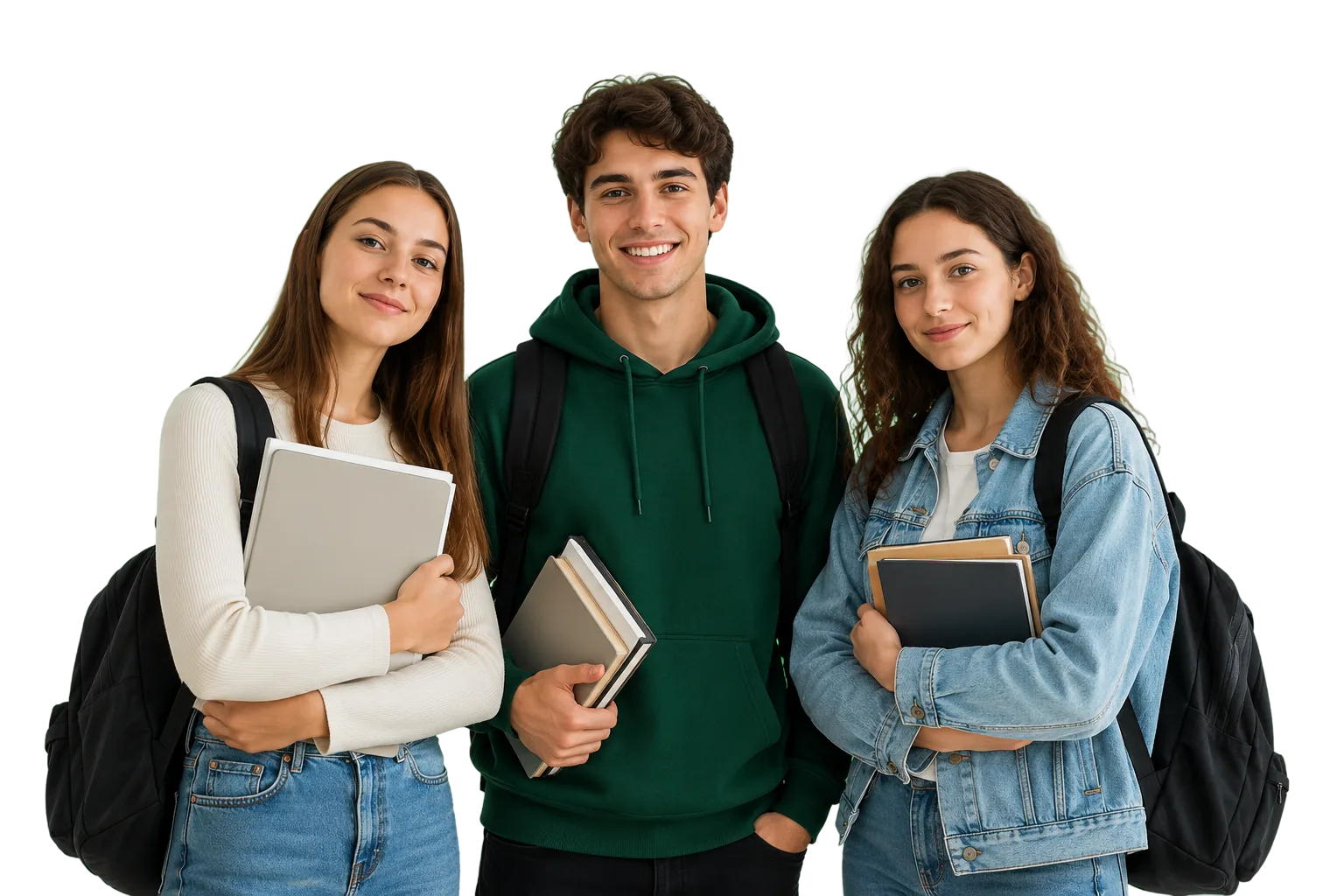 Troje nasmejanih studenata sa knjigama i sveskama
